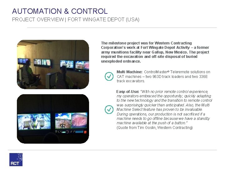 AUTOMATION & CONTROL PROJECT OVERVIEW | FORT WINGATE DEPOT (USA) The milestone project was