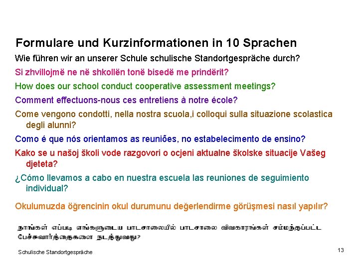 Formulare und Kurzinformationen in 10 Sprachen Wie führen wir an unserer Schule schulische Standortgespräche