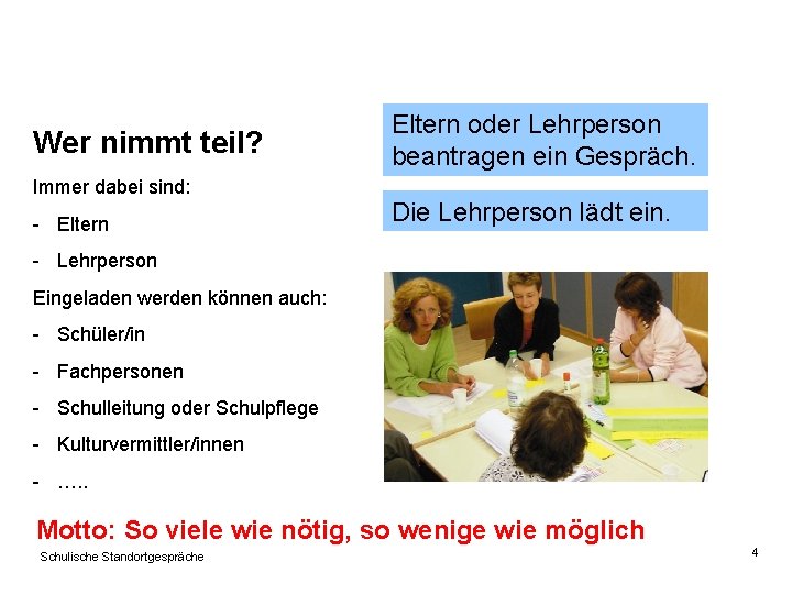 Wer nimmt teil? Immer dabei sind: - Eltern oder Lehrperson beantragen ein Gespräch. Die