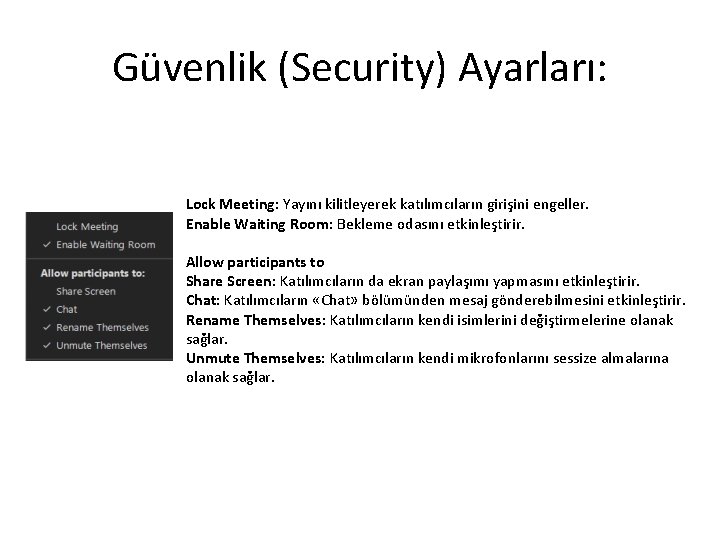 Güvenlik (Security) Ayarları: Lock Meeting: Yayını kilitleyerek katılımcıların girişini engeller. Enable Waiting Room: Bekleme