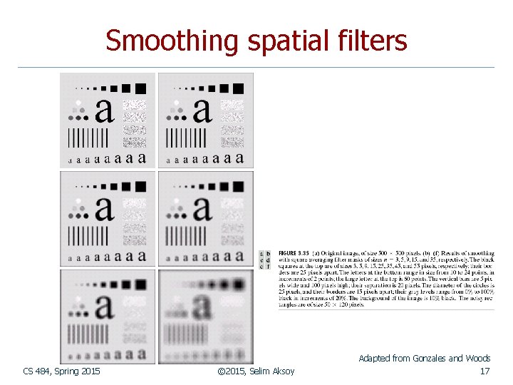 Smoothing spatial filters Adapted from Gonzales and Woods CS 484, Spring 2015 © 2015,