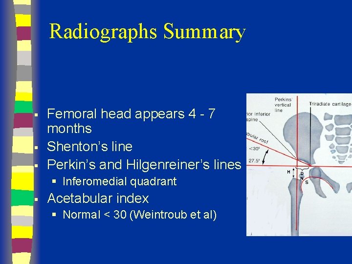 Radiographs Summary § § § Femoral head appears 4 - 7 months Shenton’s line