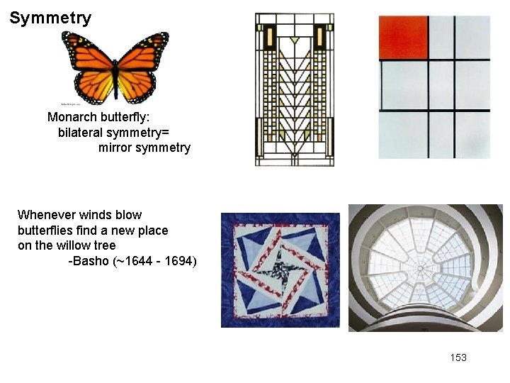 Symmetry Monarch butterfly: bilateral symmetry= mirror symmetry Whenever winds blow butterflies find a new