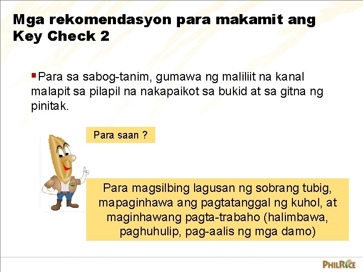 Mga rekomendasyon para makamit ang Key Check 2 §Para sa sabog-tanim, gumawa ng maliliit