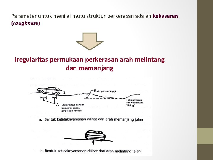 Parameter untuk menilai mutu struktur perkerasan adalah kekasaran (roughness) iregularitas permukaan perkerasan arah melintang