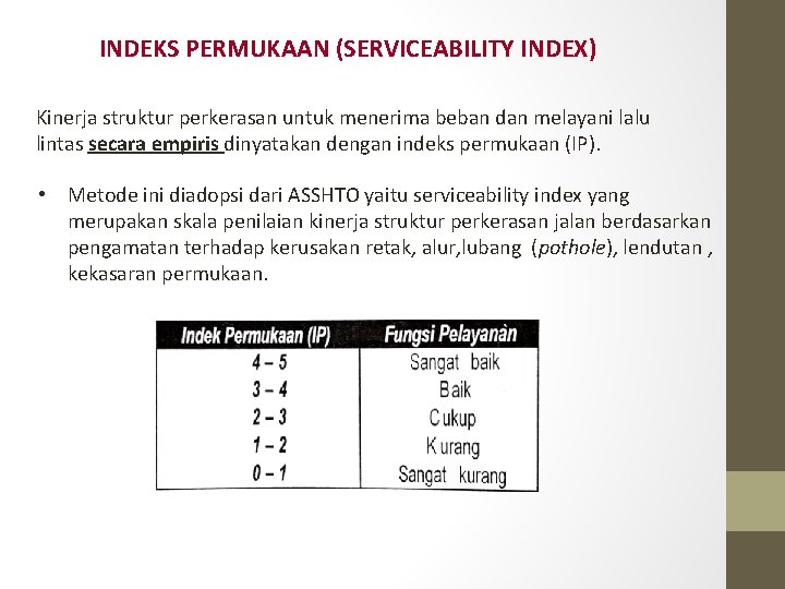 INDEKS PERMUKAAN (SERVICEABILITY INDEX) Kinerja struktur perkerasan untuk menerima beban dan melayani lalu lintas