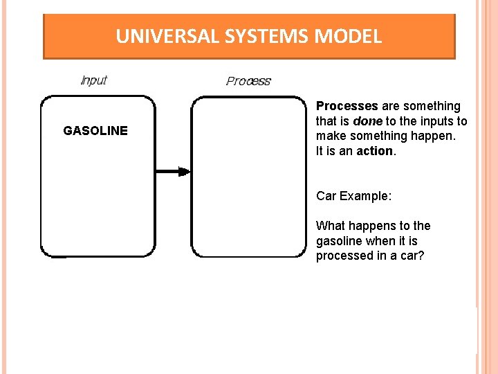 UNIVERSAL SYSTEMS MODEL GASOLINE Processes are something that is done to the inputs to