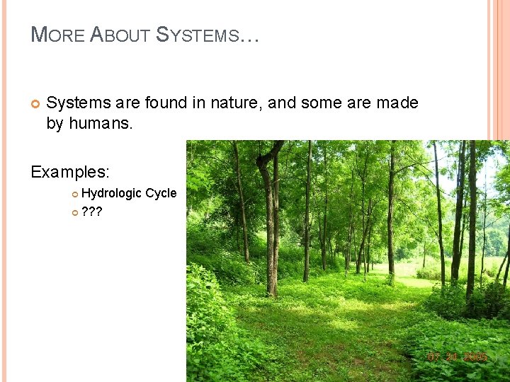 MORE ABOUT SYSTEMS… Systems are found in nature, and some are made by humans.