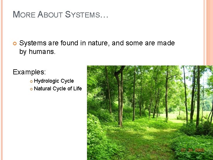 MORE ABOUT SYSTEMS… Systems are found in nature, and some are made by humans.