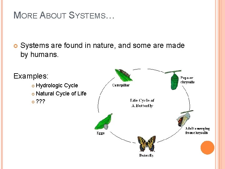 MORE ABOUT SYSTEMS… Systems are found in nature, and some are made by humans.