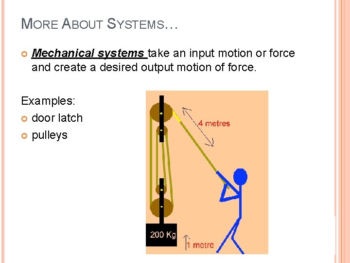 MORE ABOUT SYSTEMS… Mechanical systems take an input motion or force and create a