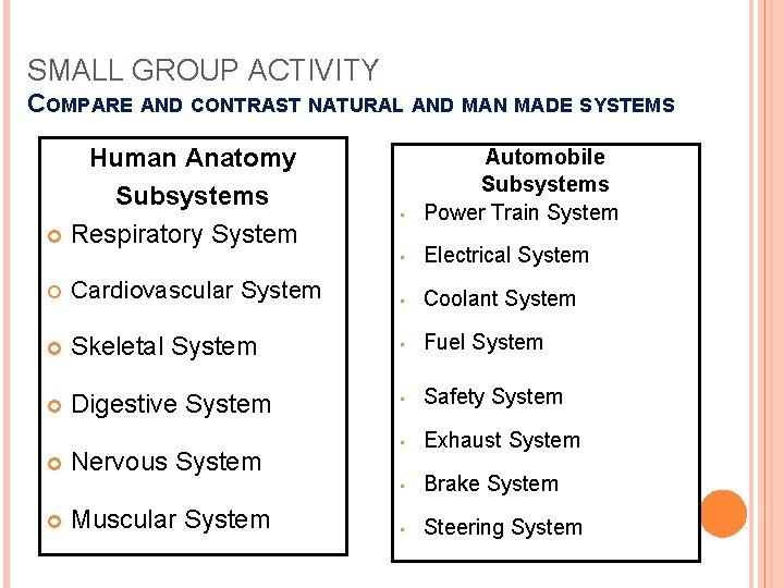 SMALL GROUP ACTIVITY COMPARE AND CONTRAST NATURAL AND MAN MADE SYSTEMS Human Anatomy Subsystems