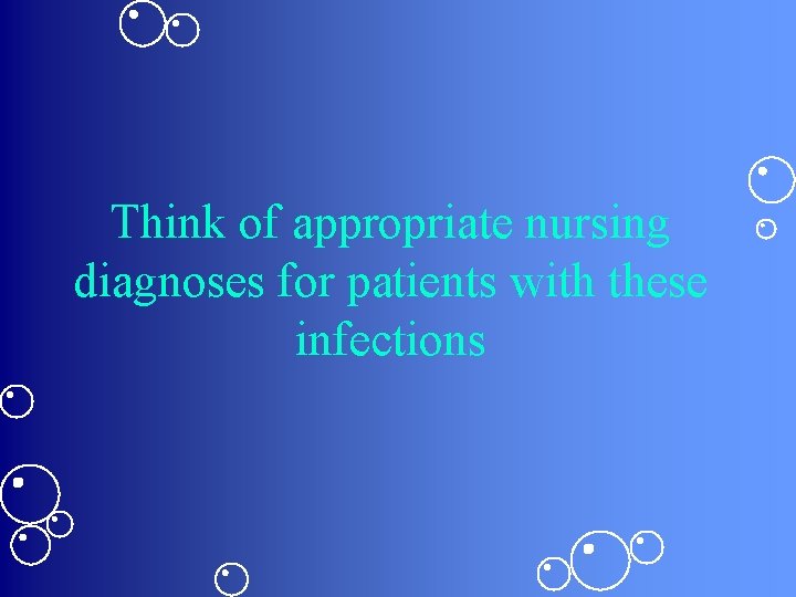 Think of appropriate nursing diagnoses for patients with these infections 