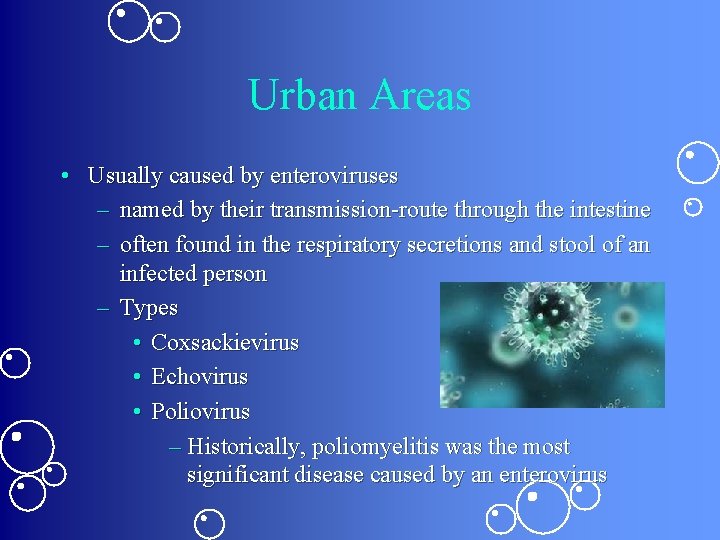 Urban Areas • Usually caused by enteroviruses – named by their transmission-route through the