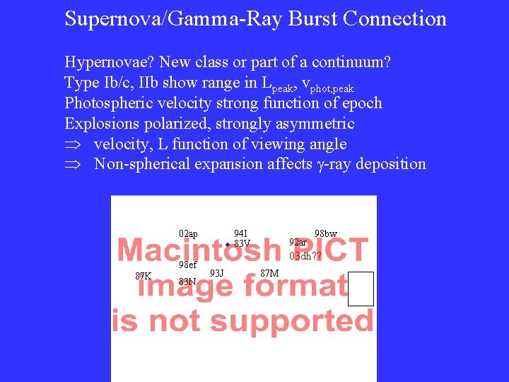 Supernova/Gamma-Ray Burst Connection Hypernovae? New class or part of a continuum? Type Ib/c, IIb