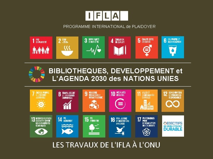 PROGRAMME INTERNATIONAL de PLAIDOYER BIBLIOTHEQUES, DEVELOPPEMENT et L’AGENDA 2030 des NATIONS UNIES LES TRAVAUX