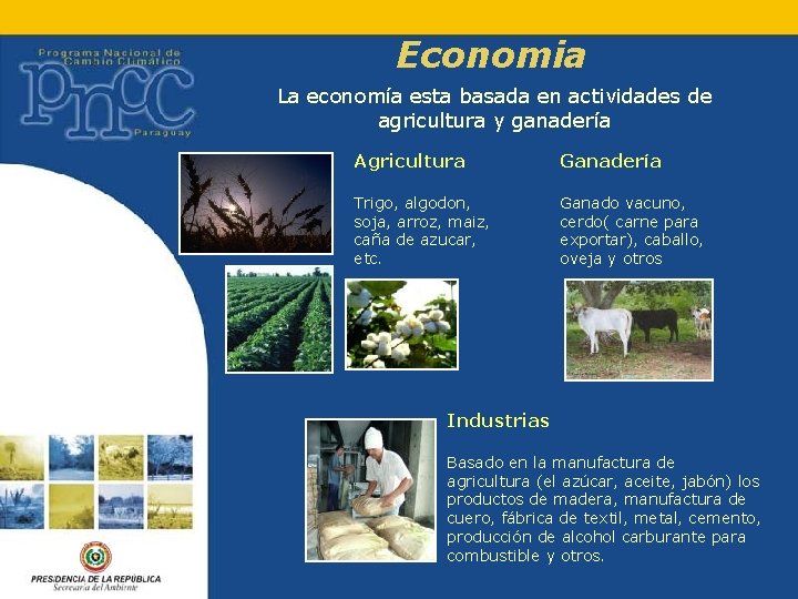 Economia La economía esta basada en actividades de agricultura y ganadería Agricultura Ganadería Trigo,