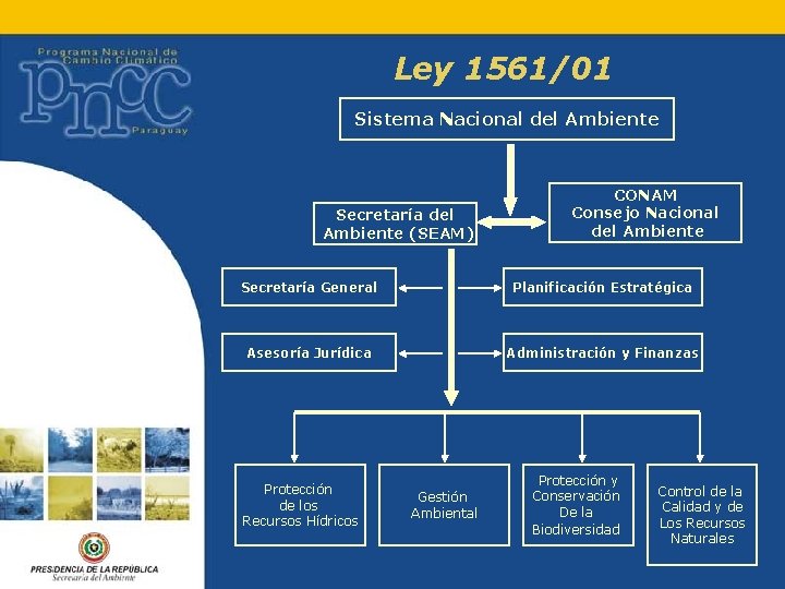 Ley 1561/01 Sistema Nacional del Ambiente Secretaría del Ambiente (SEAM) CONAM Consejo Nacional del