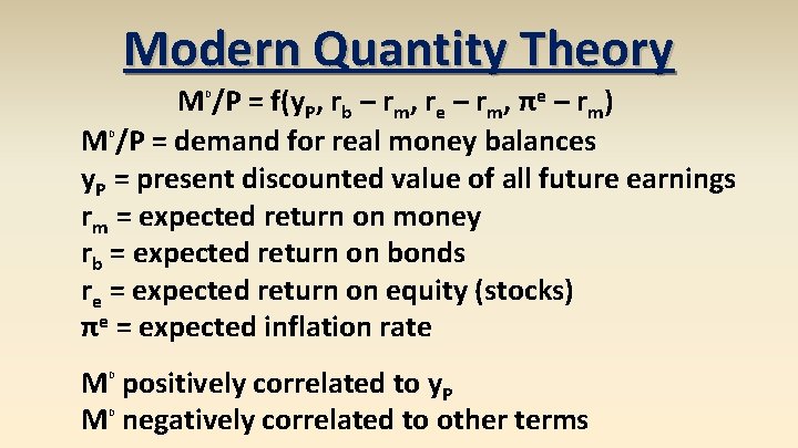 Modern Quantity Theory M /P = f(y. P, rb – rm, re – rm,