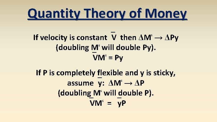 Quantity Theory of Money If velocity is constant`V then ΔM → ΔPy (doubling M