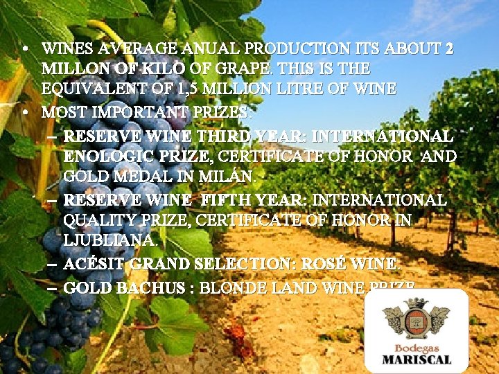  • WINES AVERAGE ANUAL PRODUCTION ITS ABOUT 2 MILLON OF KILO OF GRAPE.