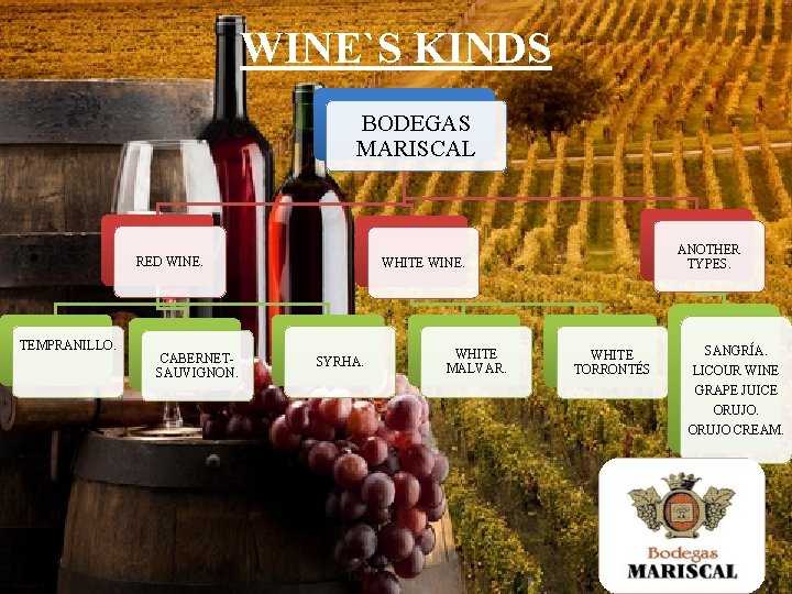 WINE`S KINDS BODEGAS MARISCAL RED WINE. TEMPRANILLO. CABERNETSAUVIGNON. ANOTHER TYPES. WHITE WINE. SYRHA. WHITE