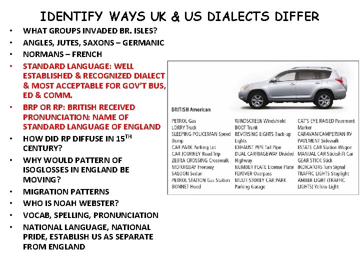IDENTIFY WAYS UK & US DIALECTS DIFFER • • • WHAT GROUPS INVADED BR.