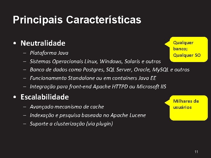 Principais Características • Neutralidade – – – Qualquer banco; Qualquer SO Plataforma Java Sistemas