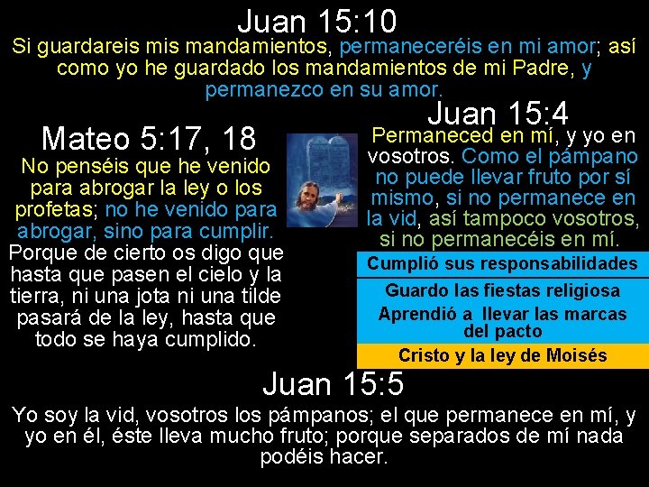 Juan 15: 10 Si guardareis mandamientos, permaneceréis en mi amor; así como yo he