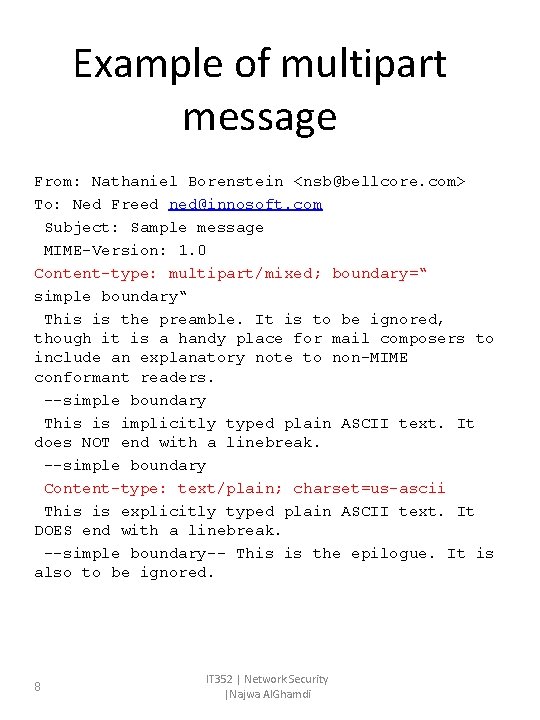 Example of multipart message From: Nathaniel Borenstein <nsb@bellcore. com> To: Ned Freed ned@innosoft. com Example of multipart message From: Nathaniel Borenstein <nsb@bellcore. com> To: Ned Freed ned@innosoft. com