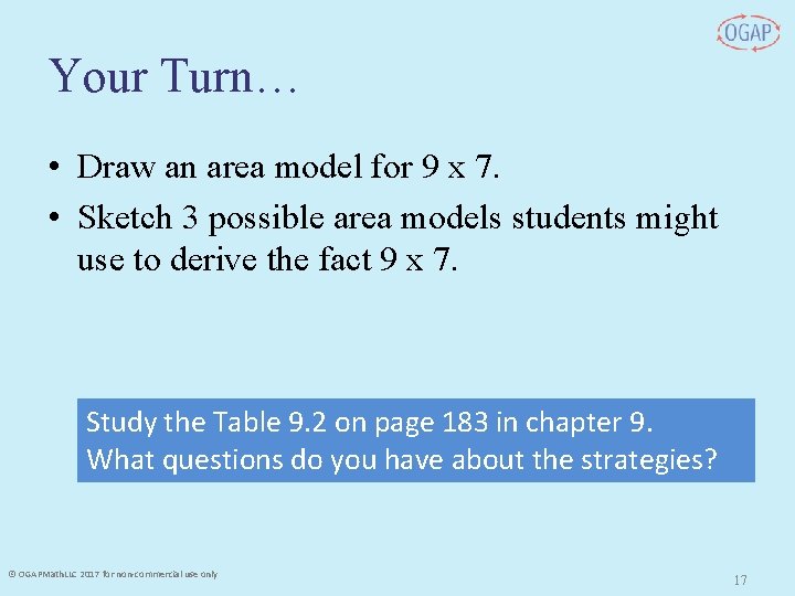 Your Turn… • Draw an area model for 9 x 7. • Sketch 3 Your Turn… • Draw an area model for 9 x 7. • Sketch 3