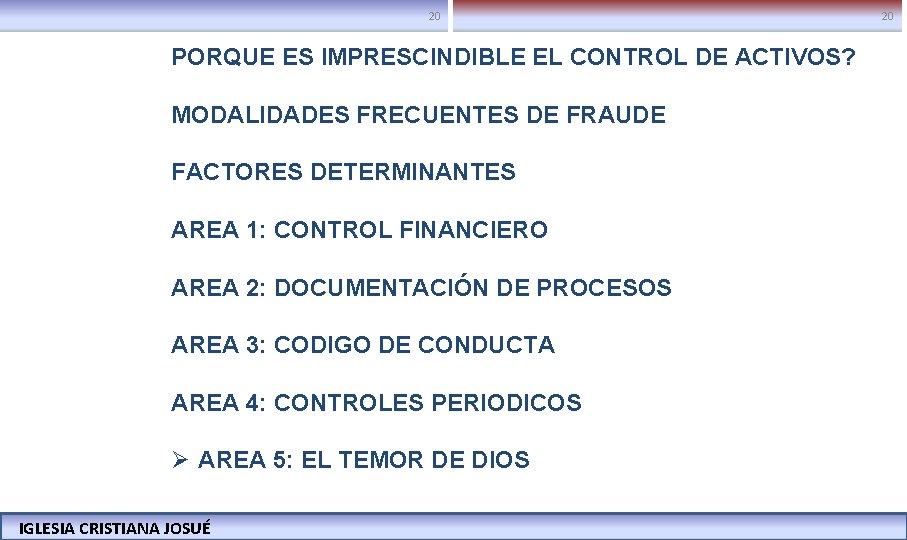 20 20 PORQUE ES IMPRESCINDIBLE EL CONTROL DE ACTIVOS? MODALIDADES FRECUENTES DE FRAUDE FACTORES