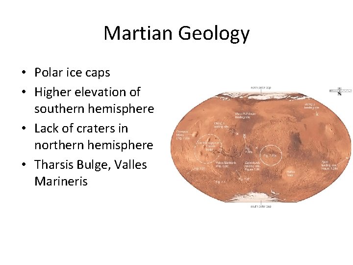 Martian Geology • Polar ice caps • Higher elevation of southern hemisphere • Lack