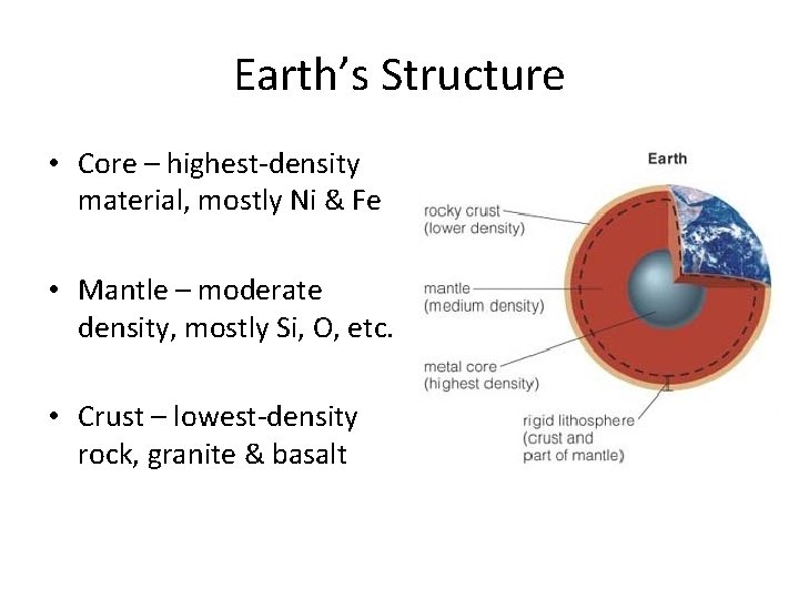 Earth’s Structure • Core – highest-density material, mostly Ni & Fe • Mantle –