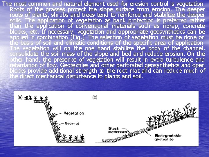 The most common and natural element used for erosion control is vegetation. Roots of