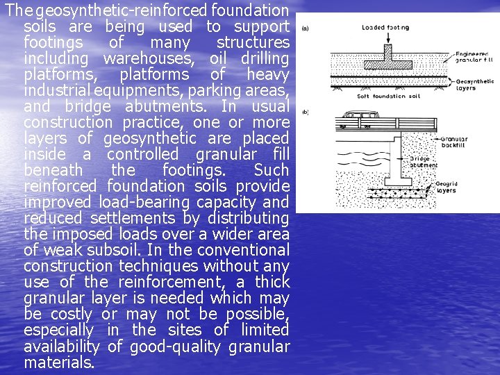 The geosynthetic-reinforced foundation soils are being used to support footings of many structures including