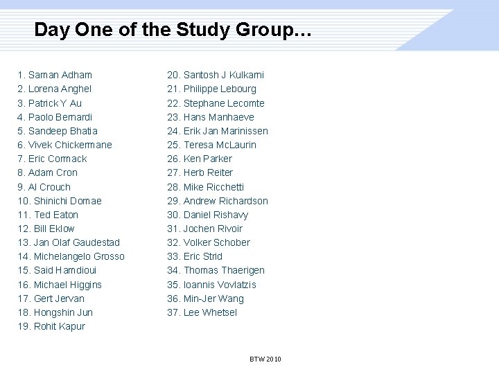 Day One of the Study Group… 1. Saman Adham 2. Lorena Anghel 3. Patrick