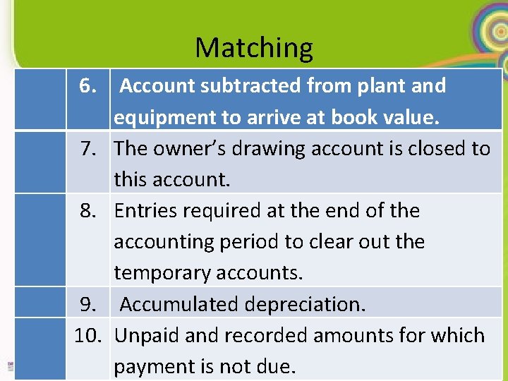 Matching 6. Account subtracted from plant and equipment to arrive at book value. 7.