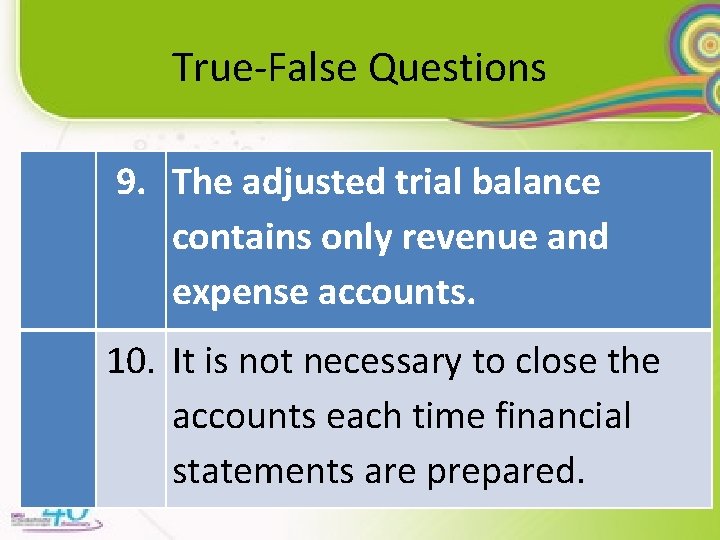 True-False Questions 9. The adjusted trial balance contains only revenue and expense accounts. 10.