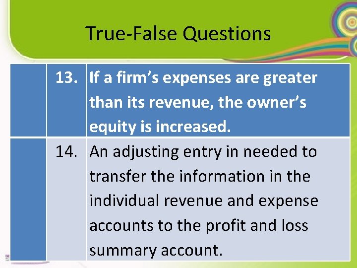 True-False Questions 13. If a firm’s expenses are greater than its revenue, the owner’s