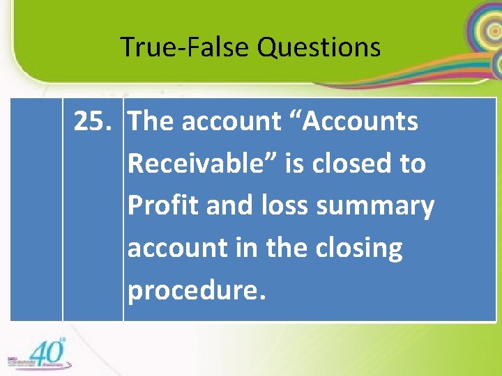 True-False Questions 25. The account “Accounts Receivable” is closed to Profit and loss summary