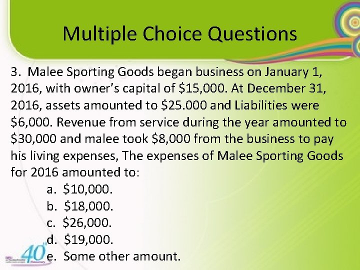 Multiple Choice Questions 3. Malee Sporting Goods began business on January 1, 2016, with