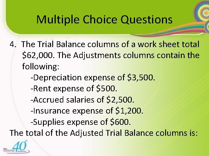 Multiple Choice Questions 4. The Trial Balance columns of a work sheet total $62,