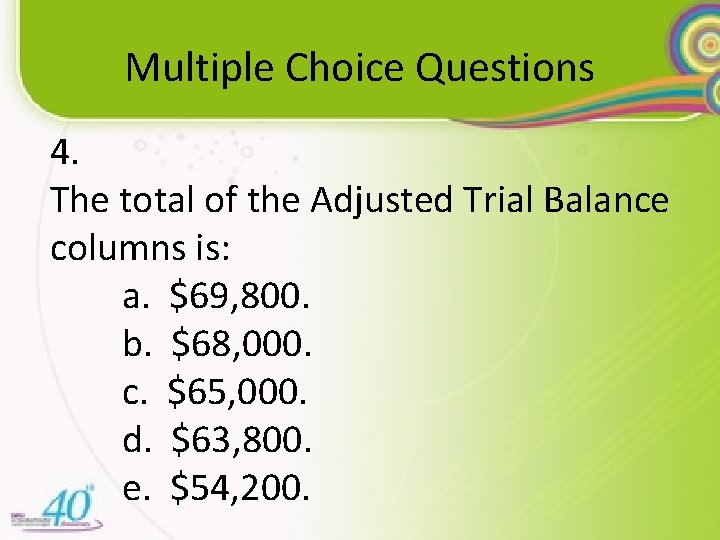 Multiple Choice Questions 4. The total of the Adjusted Trial Balance columns is: a.