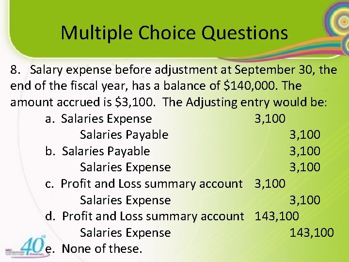Multiple Choice Questions 8. Salary expense before adjustment at September 30, the end of