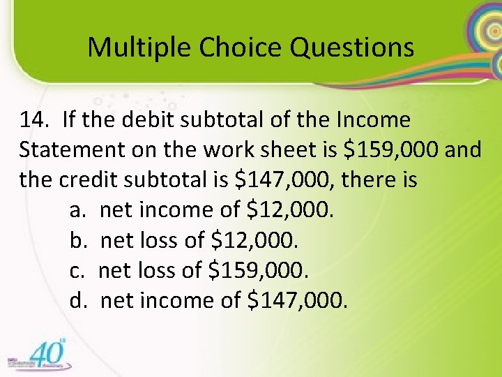 Multiple Choice Questions 14. If the debit subtotal of the Income Statement on the