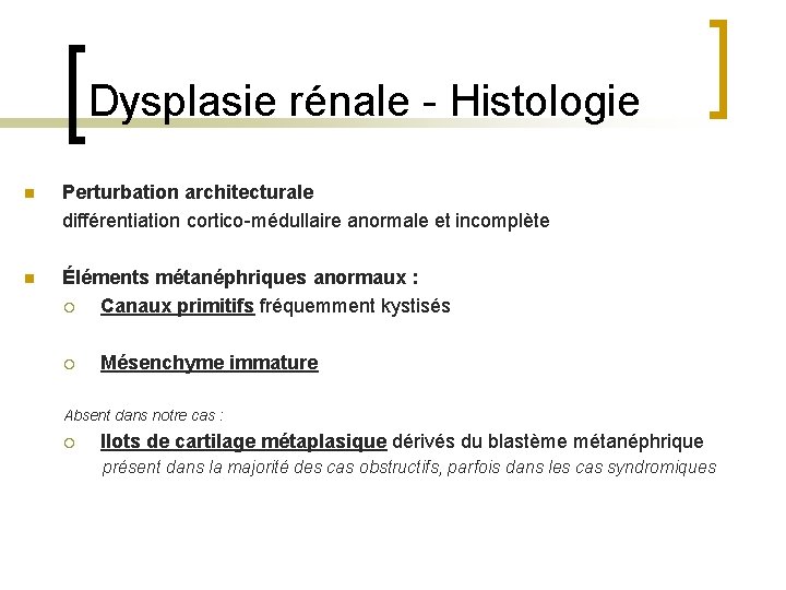 Dysplasie rénale - Histologie n Perturbation architecturale différentiation cortico-médullaire anormale et incomplète n Éléments