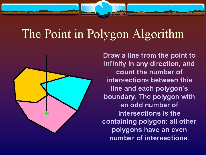 The Point in Polygon Algorithm Draw a line from the point to infinity in