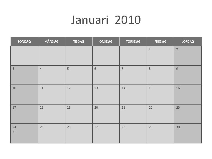 Januari 2010 SÖNDAG MÅNDAG TISDAG ONSDAG TORSDAG FREDAG LÖRDAG 1 2 3 4 5