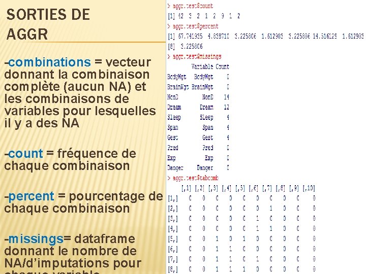 SORTIES DE AGGR -combinations = vecteur donnant la combinaison complète (aucun NA) et les